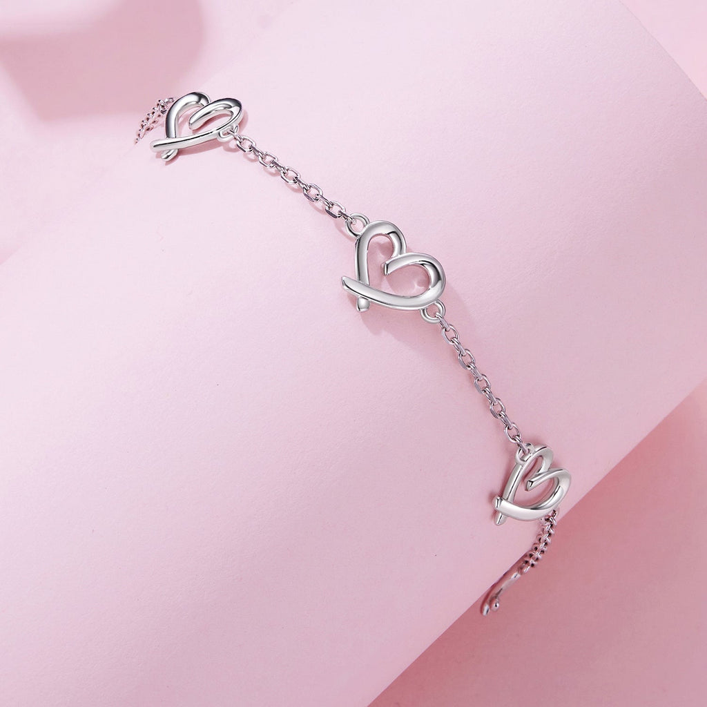 925 Sterling Silver 15+6cm 0.8cm Heart White Gold Plated Bracelet for Women