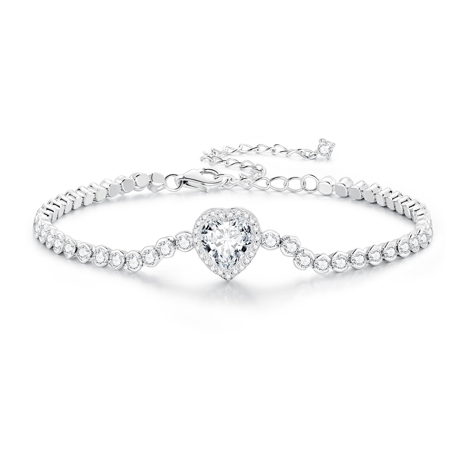 925 Sterling Silver Bracelet with CZ Zircon, 15+6.5cm, Platinum Plated for Women
