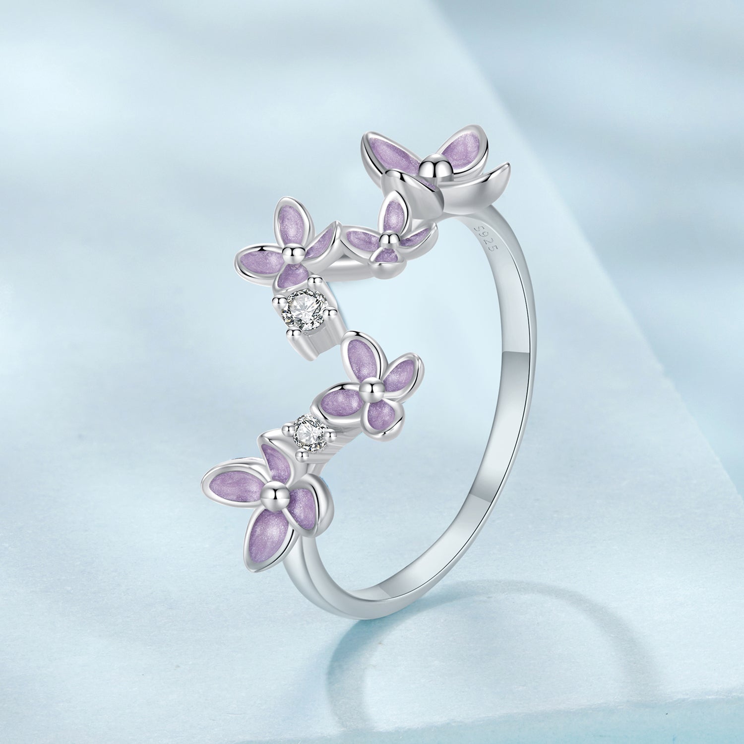925 Sterling Silver White Gold Plated Ring with Enamel and CZ for Women