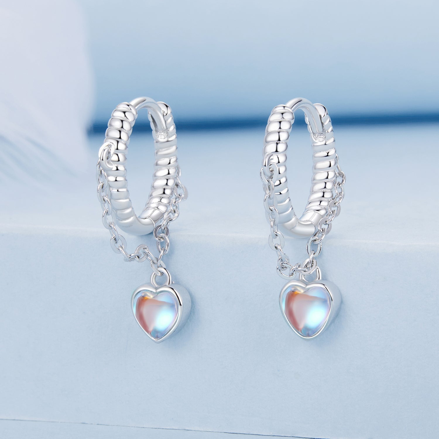 925 Sterling Silver White Gold Plated Moonstone Earrings 23x5mm for Women
