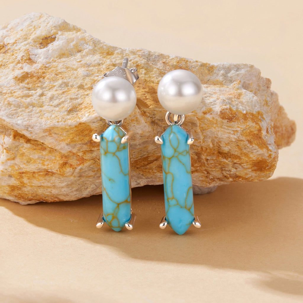 925 Sterling Silver Earrings with Synthetic Turquoise and Pearl, 2.4*0.6cm for Women