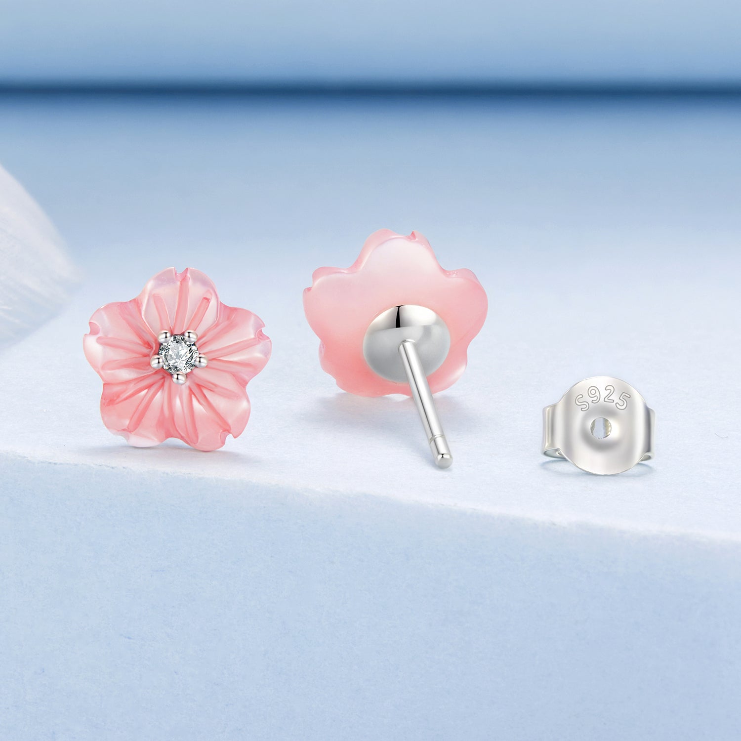925 Sterling Silver Earrings with High-Quality Nacre and Pavé CZ, Oxidized Silver