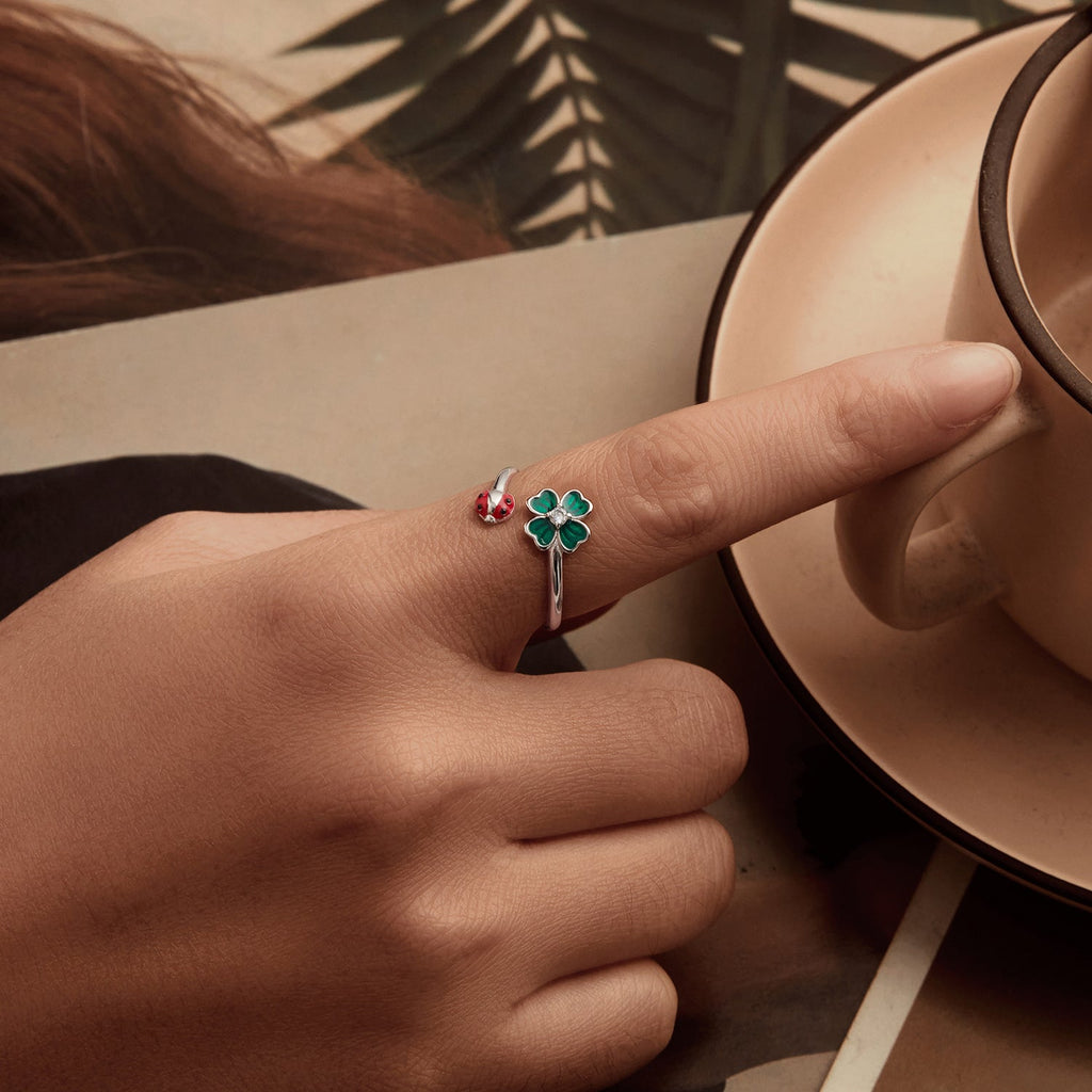 925 Sterling Silver Ladybug Four-leaf Clover Ring for Women