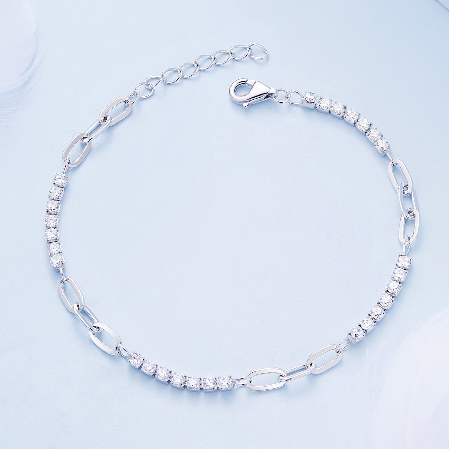 925 Sterling Silver Bracelet with Pavé Setting CZ, Platinum Plated, 14.5+3cm, for Women
