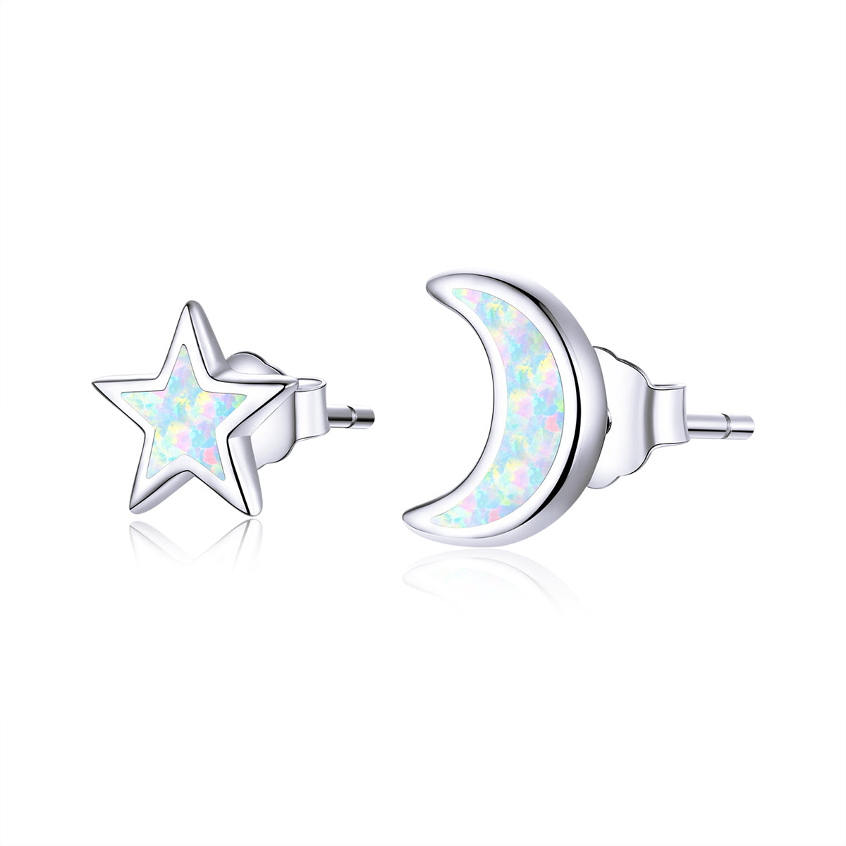 925 Sterling Silver Opal Earrings for Women - Star & Moon Design