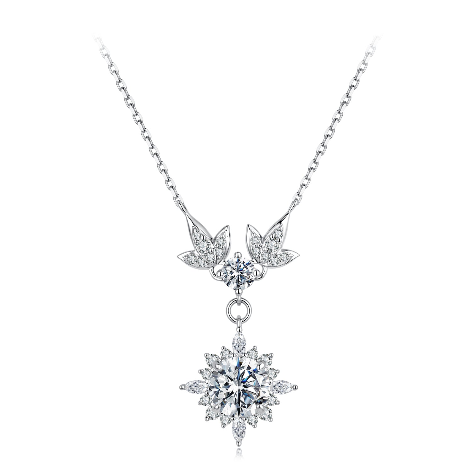 925 Sterling Silver Moissanite Pendant Necklace with Pavé Setting in White Gold - 40+5cm for Women