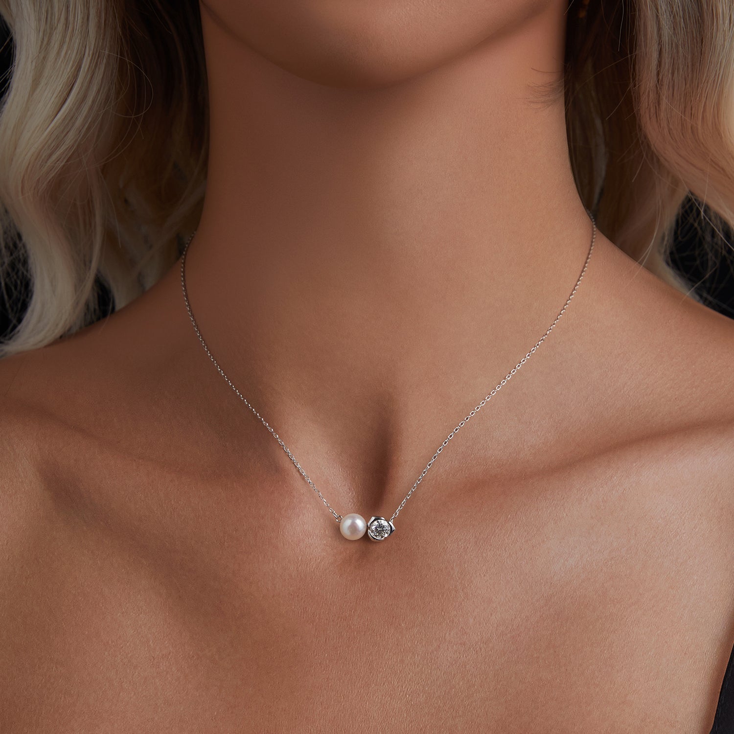 925 Sterling Silver Moissanite & Freshwater Pearl White Gold Necklace 45cm for Women
