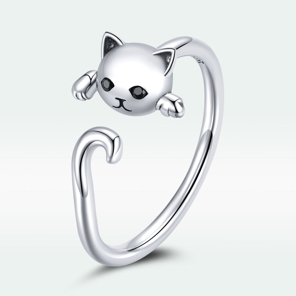 925 Sterling Silver Oxidized Cat Ring with CZ for Women, 0.6x1cm