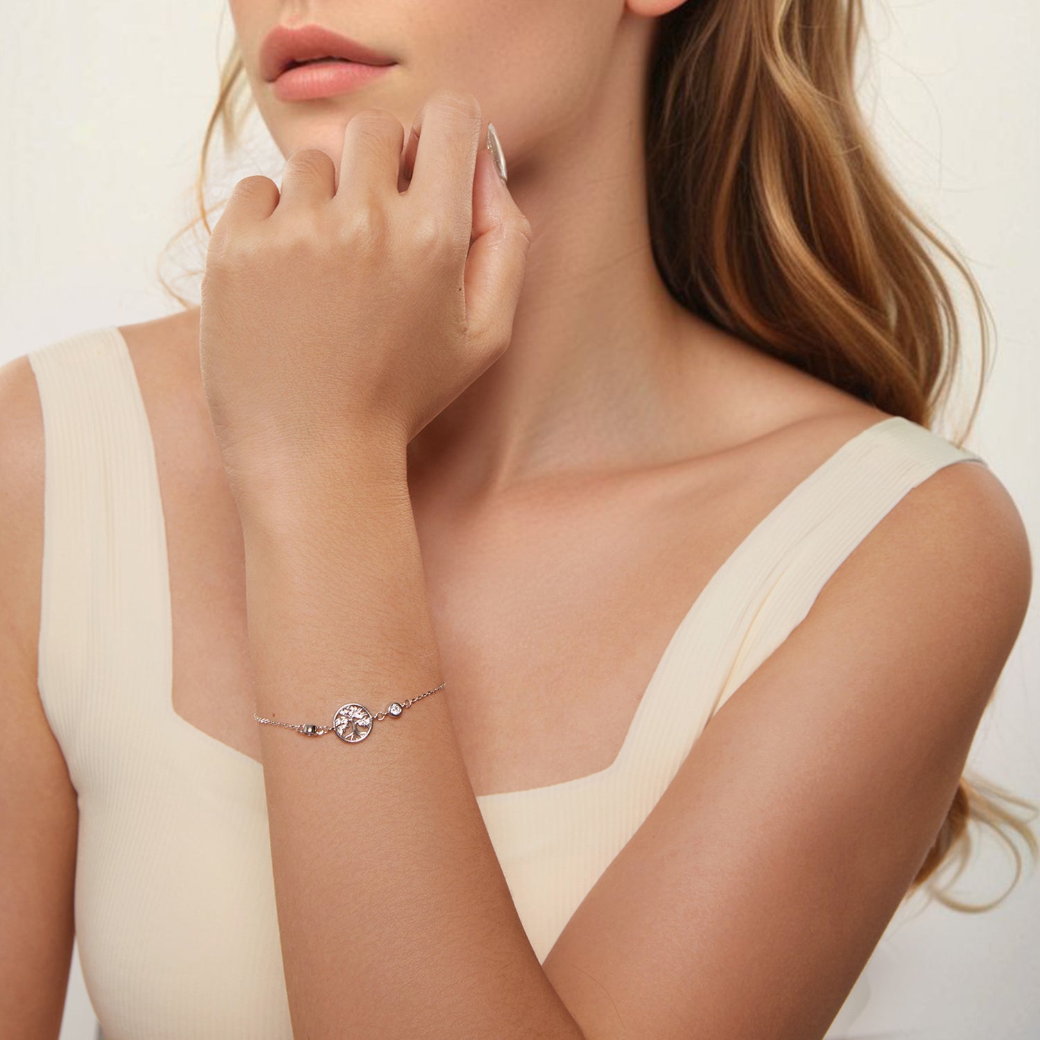 925 Sterling Silver White Gold Plated Bracelet with CZ Pendant