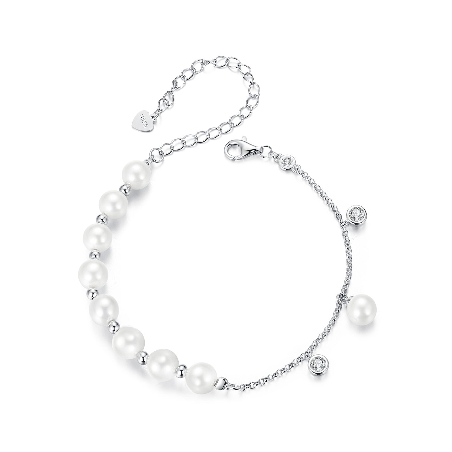 925 Sterling Silver 15+6cm White Gold Plated Bracelet with Quality Shell Pearl & CZ for Women