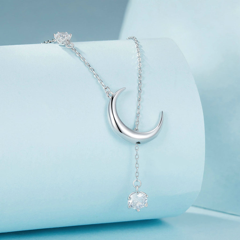 925 Sterling Silver Pavé Setting CZ Moon Necklace for Women