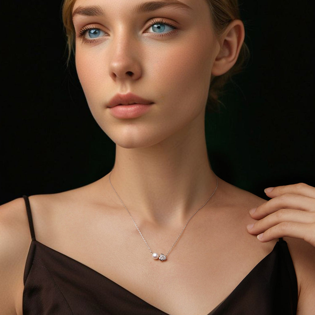 925 Sterling Silver Moissanite & Freshwater Pearl White Gold Necklace 45cm for Women