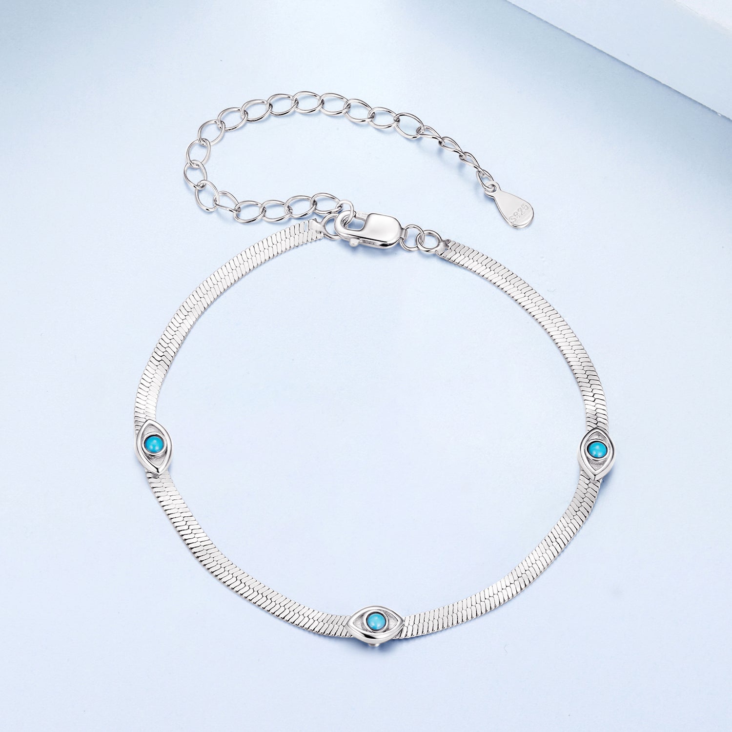 925 Sterling Silver White Gold Plated Multi-Layer Bracelet with Synthetic Turquoise