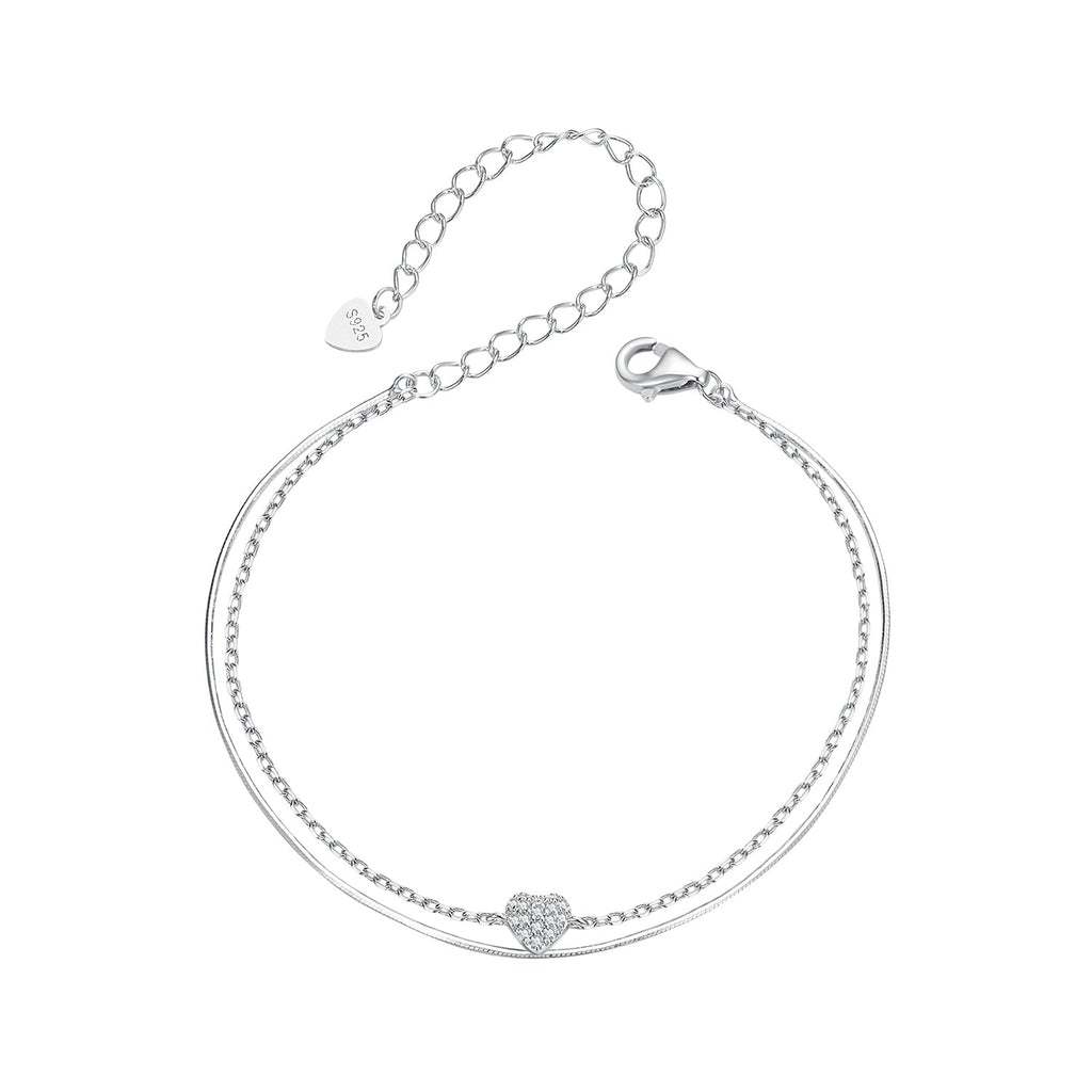 925 Sterling Silver White Gold Plated Heart-Shaped Bracelet with CZ, Length 150+60mm