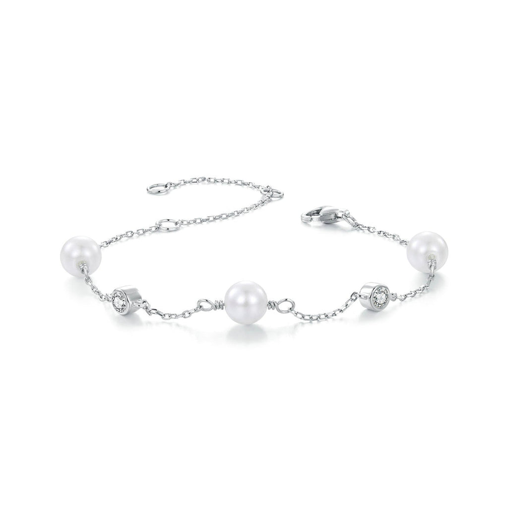 925 Sterling Silver 3mm Moissanite & Shell Pearl Bracelet for Women