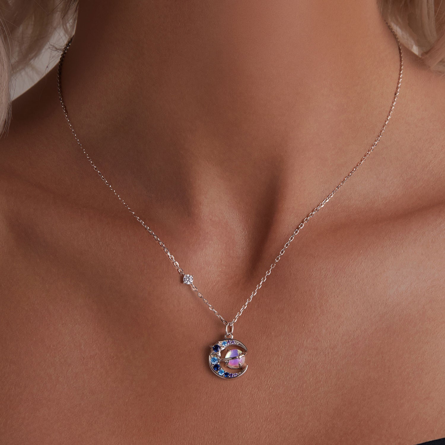 925 Sterling Silver Necklace with Pavé CZ & Transparent Glass Pendant for Women