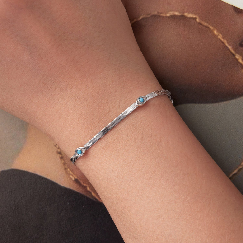 925 Sterling Silver White Gold Plated Multi-Layer Bracelet with Synthetic Turquoise