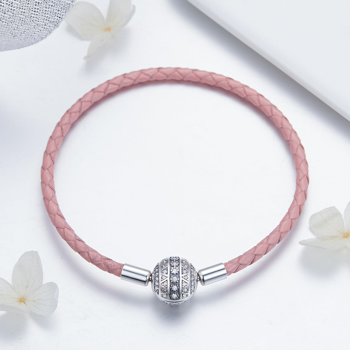925 Sterling Silver Pavé Setting CZ Bracelet with Genuine Leather for Women