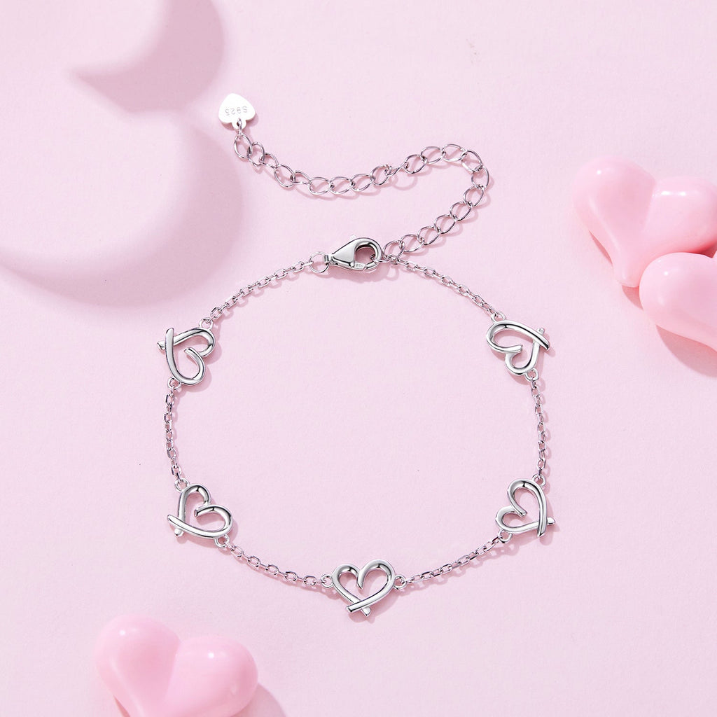 925 Sterling Silver 15+6cm 0.8cm Heart White Gold Plated Bracelet for Women