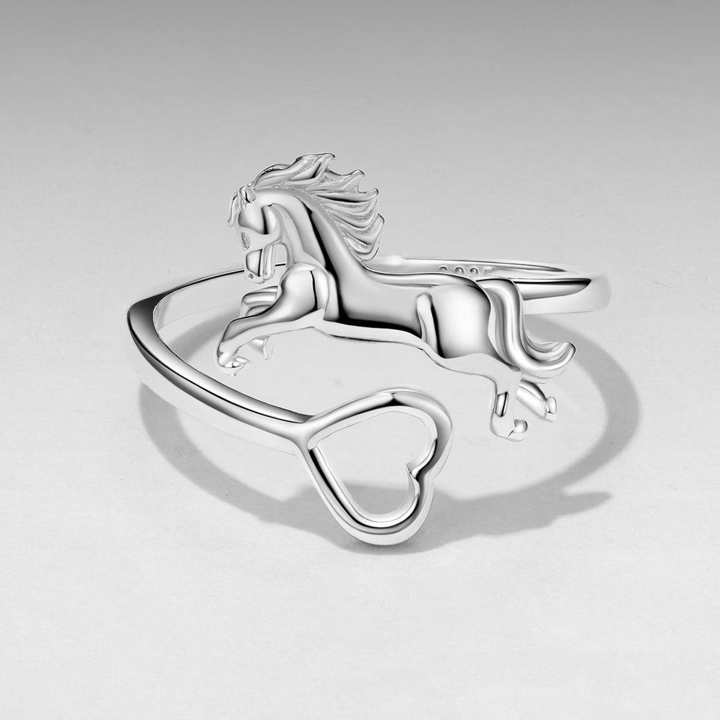 925 Sterling Silver + Plated White Gold Horse Ring