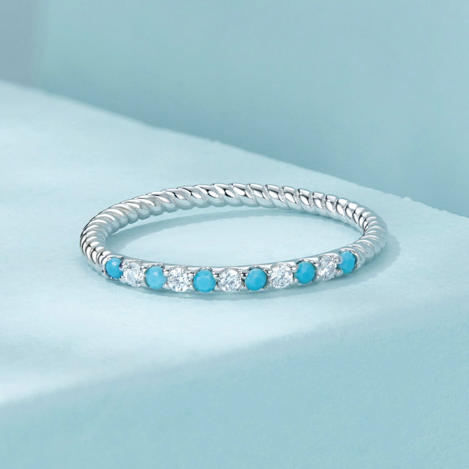 925 Sterling Silver White Gold Plated Turquoise Ring Size 6.0 for Women