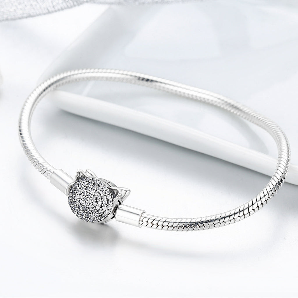 925 Sterling Silver Bracelet with Cat Head Charm, 17cm for Women