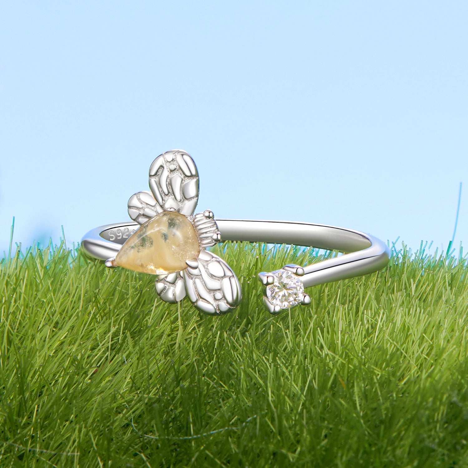 925 Sterling Silver White Gold Plated Jade Ring with CZ for Women
