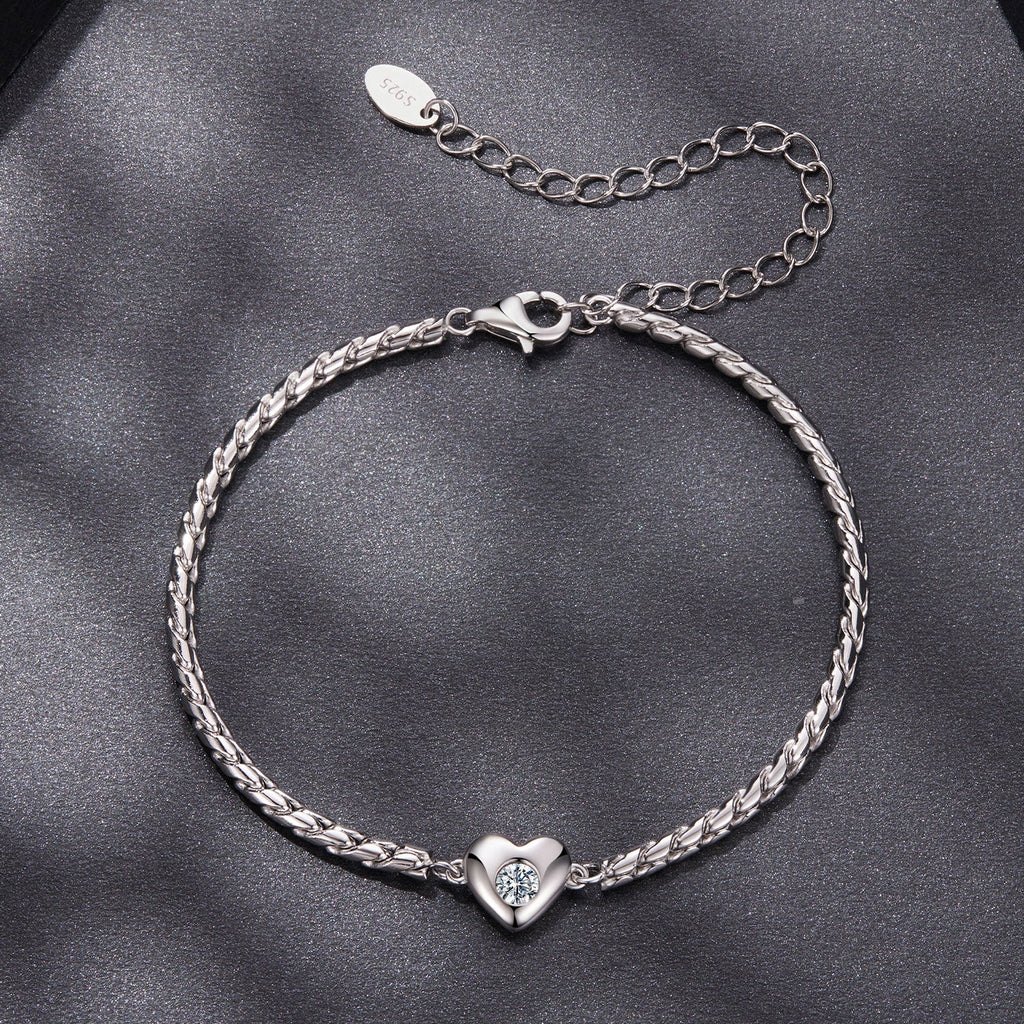 925 Sterling Silver Moissanite Heart Bracelet for Women - Silver - 15+6cm Length, 0.3cm Thickness
