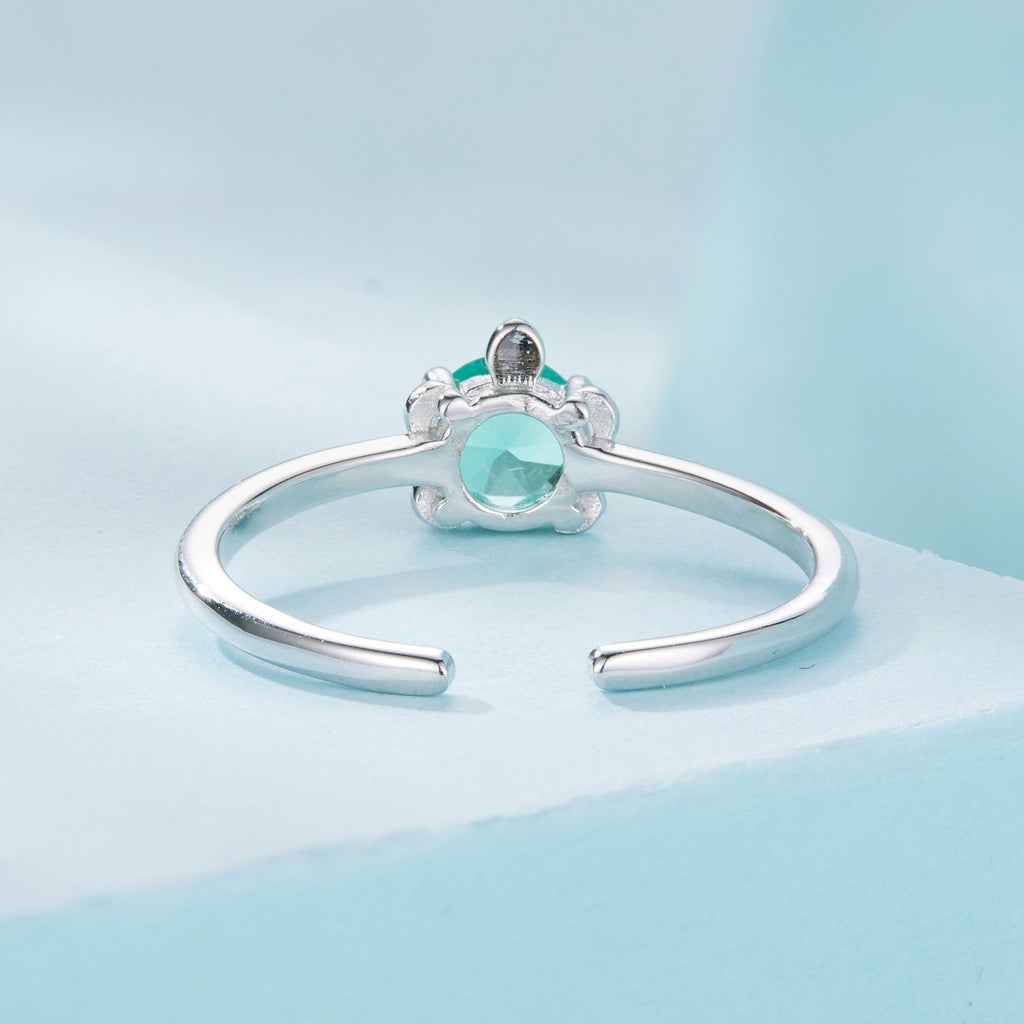 925 Sterling Silver White Gold Plated Transparent Glass Turtle Ring