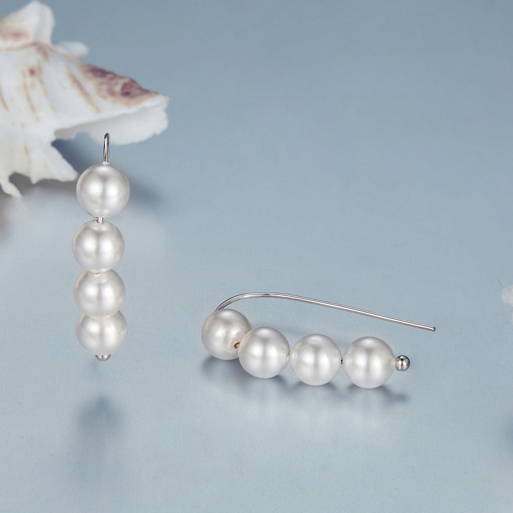 925 Sterling Silver White Gold Plated Earrings with Quality Shell Pearl, 2.1*0.5cm for Women