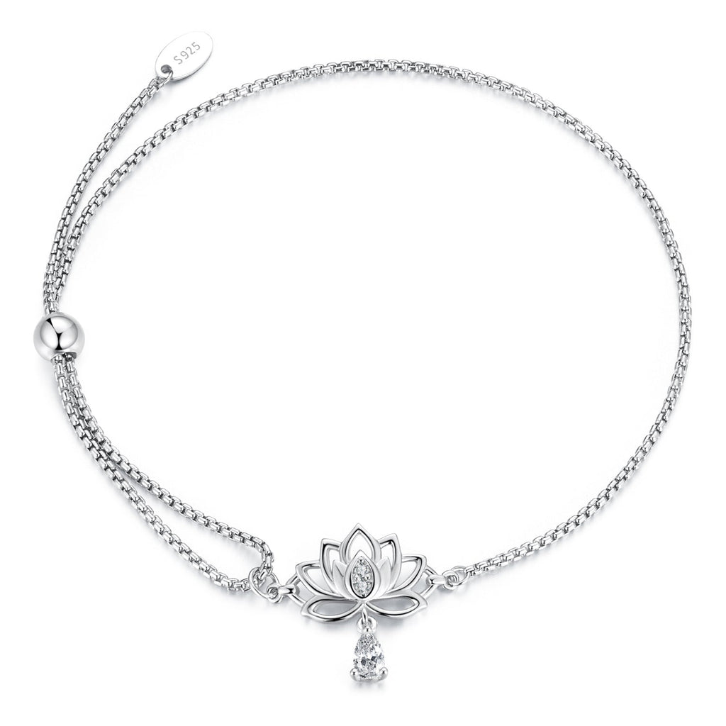 925 Sterling Silver Adjustable Chain Bracelet with White Gold Plating and CZ for Women