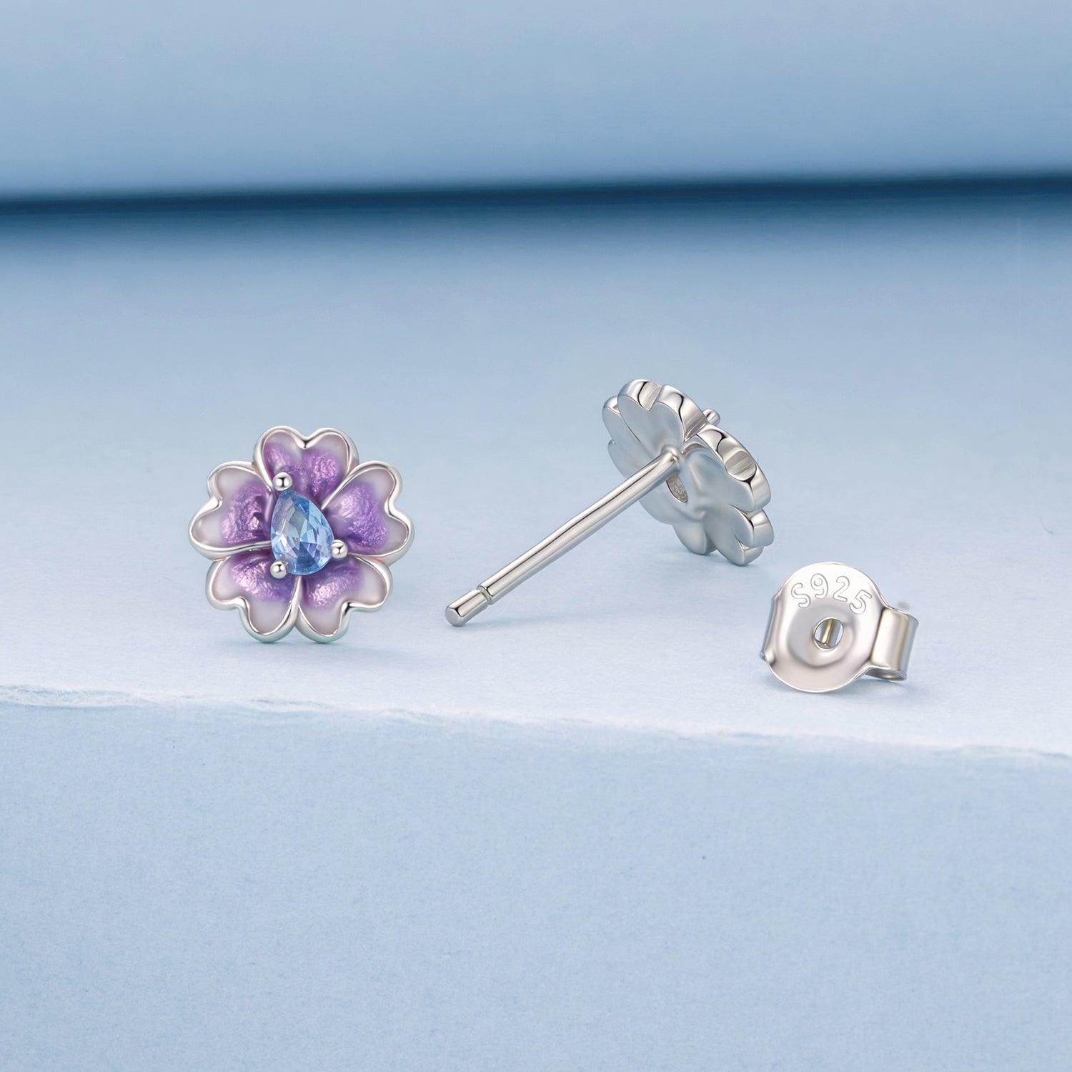 925 Sterling Silver Earrings with Pavé CZ and Enamel Process, 0.8cm, White Gold Plated for Women