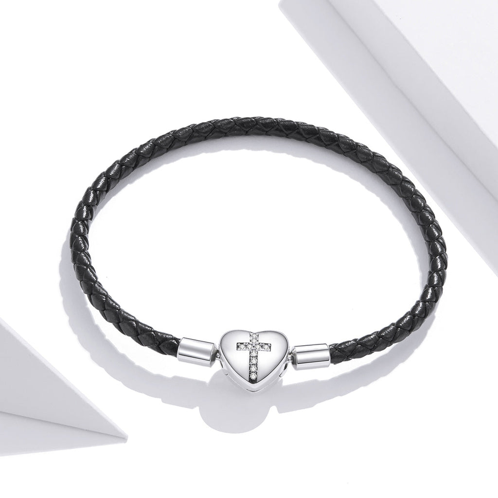 925 Sterling Silver Leather 17cm Bracelet with Oxidized CZ for Women
