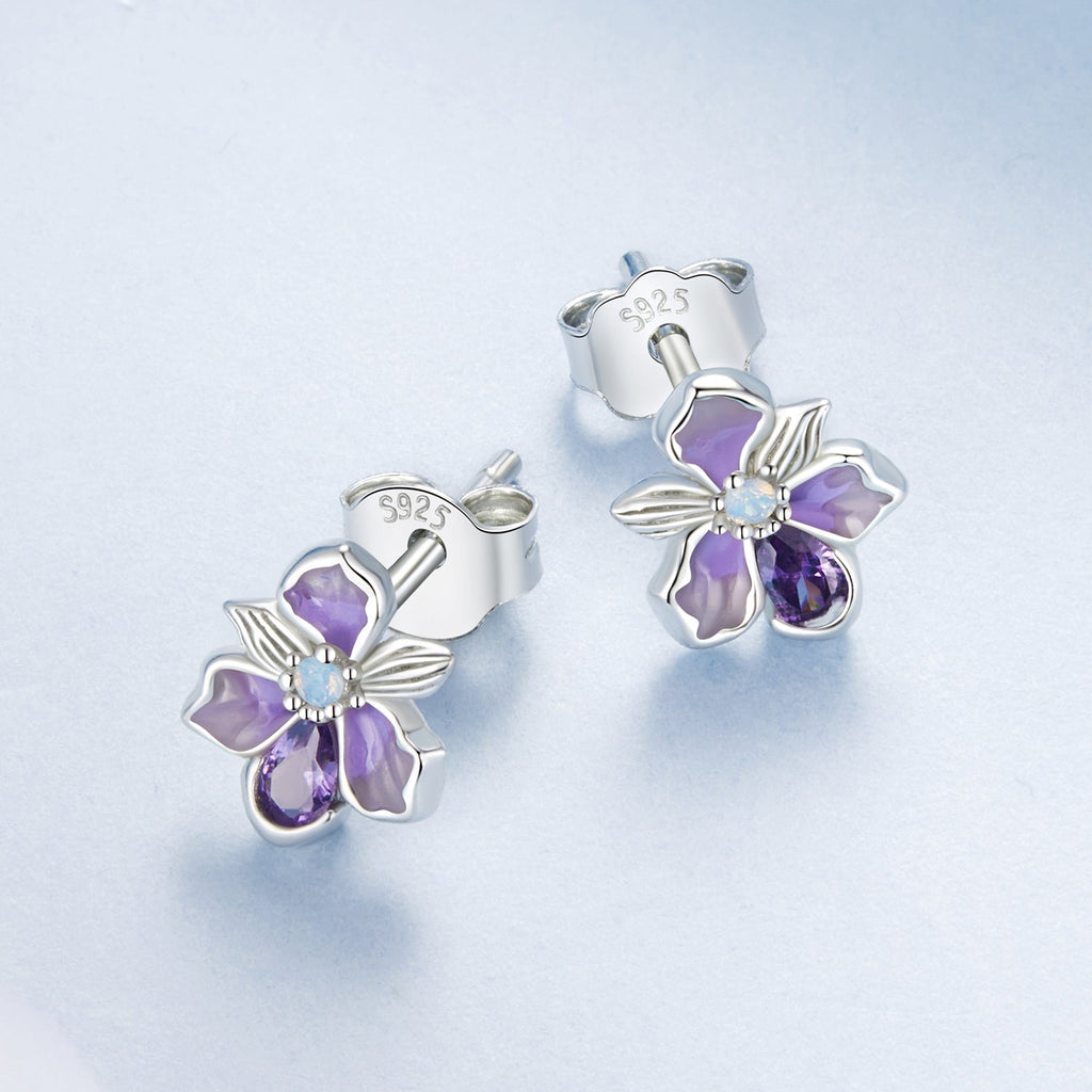 925 Sterling Silver Earrings with Nano Opal Stone and CZ, White Gold Plated, 0.7cm, for Women