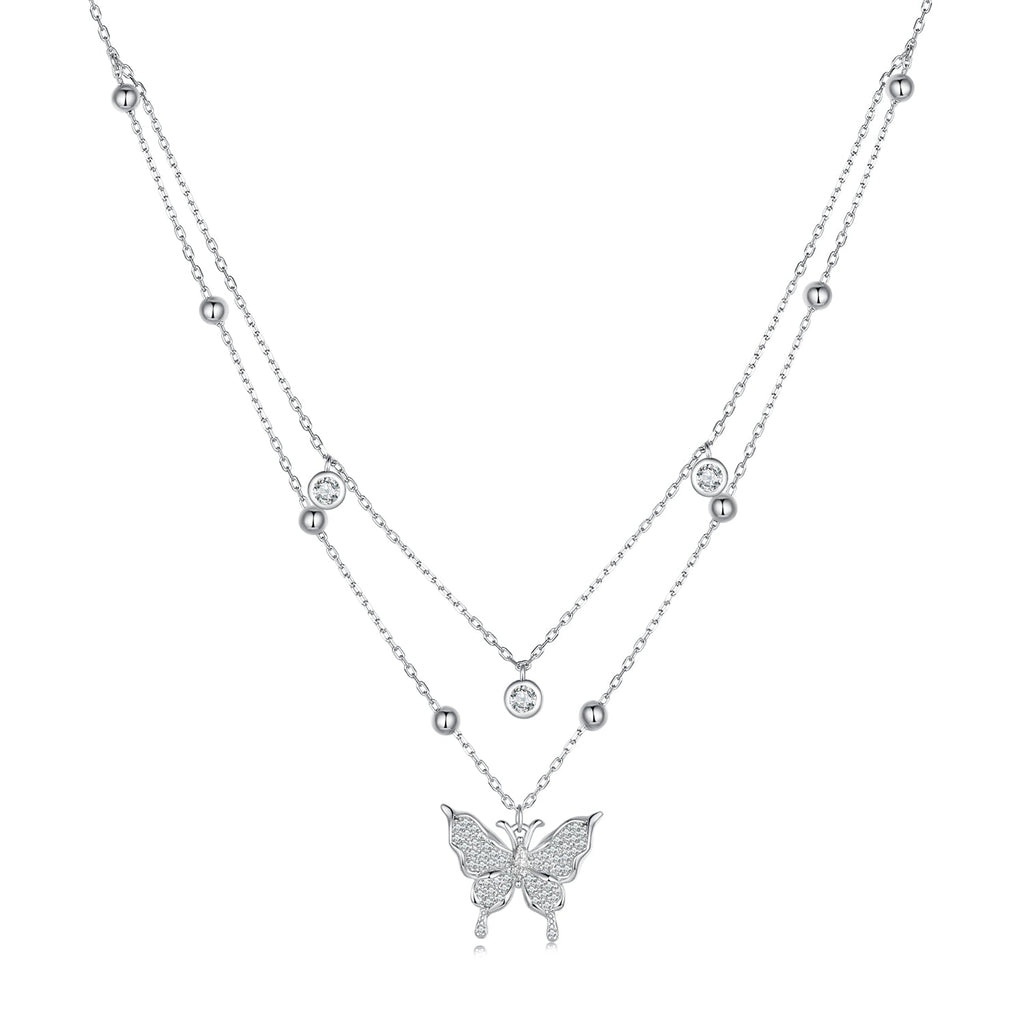 925 Sterling Silver Butterfly Necklace with Pavé Setting CZ, 40cm Length for Women