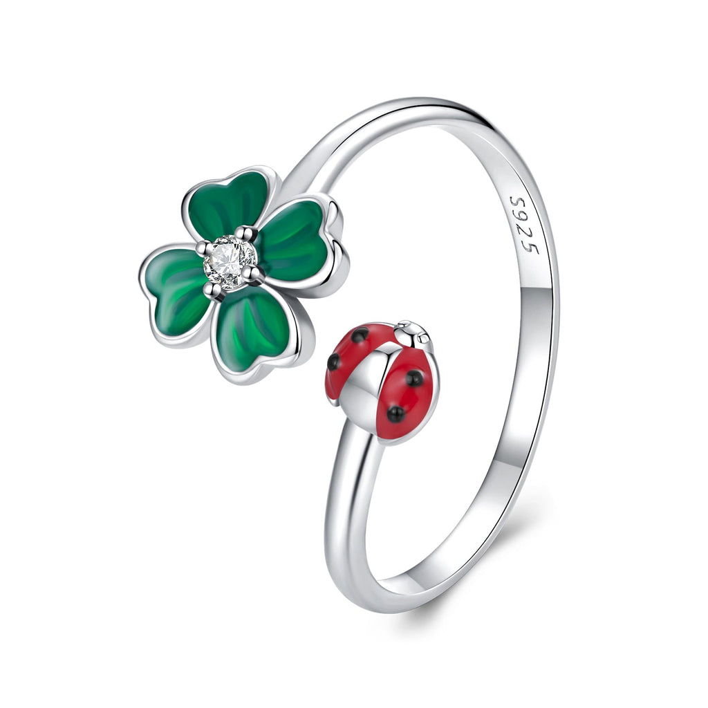 925 Sterling Silver Ladybug Four-leaf Clover Ring for Women