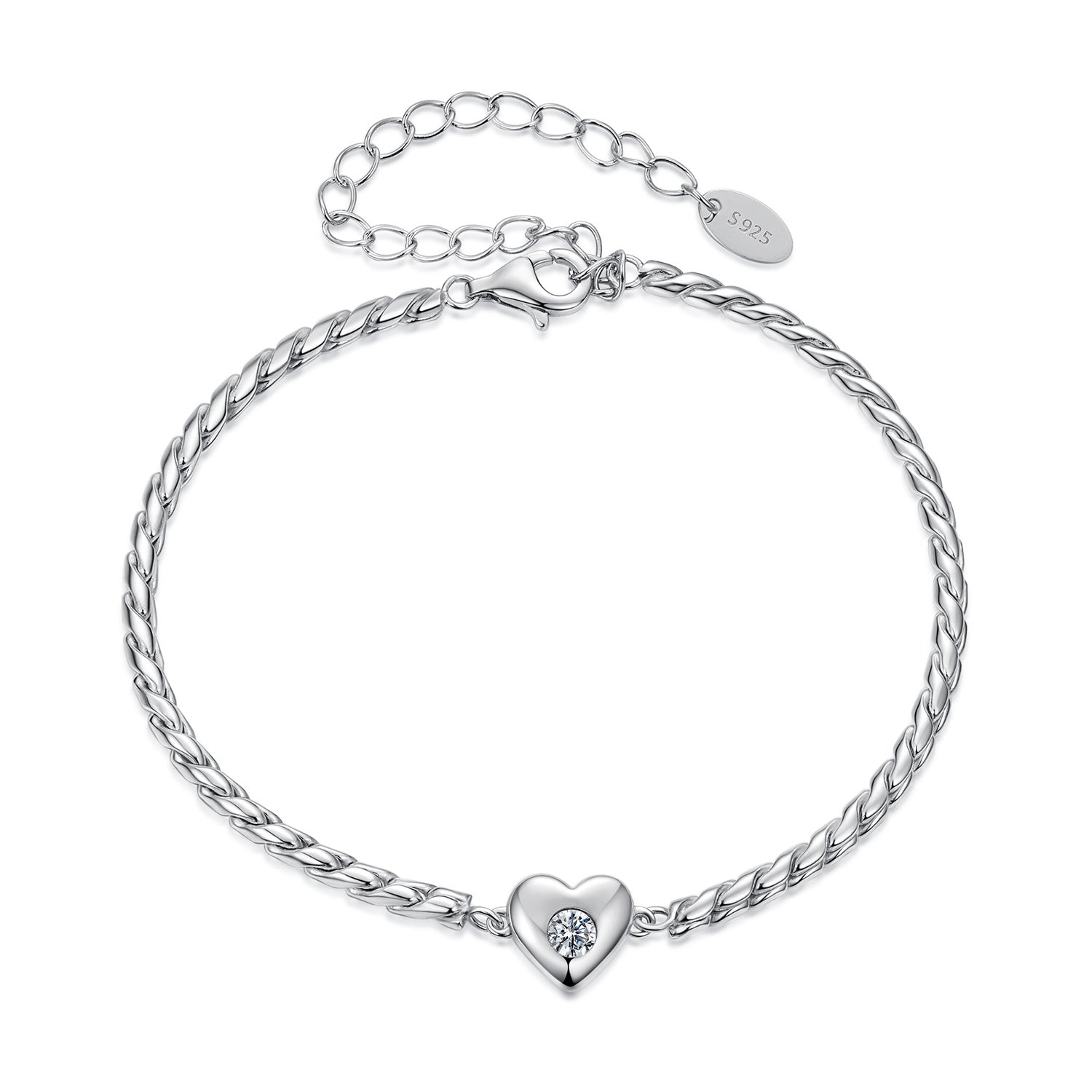 925 Sterling Silver Moissanite Heart Bracelet for Women - Silver - 15+6cm Length, 0.3cm Thickness