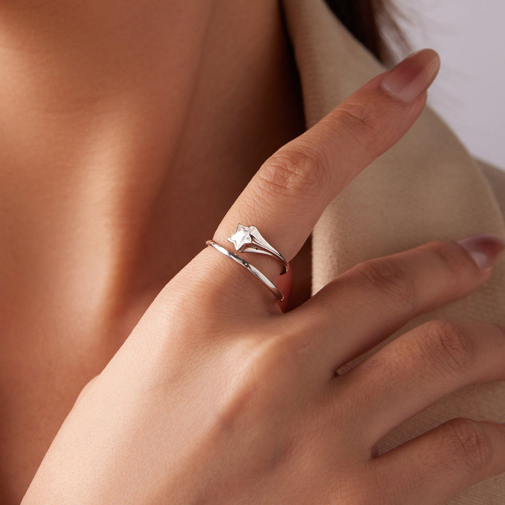 925 Sterling Silver White Gold Plated Pavé CZ Star Ring for Women