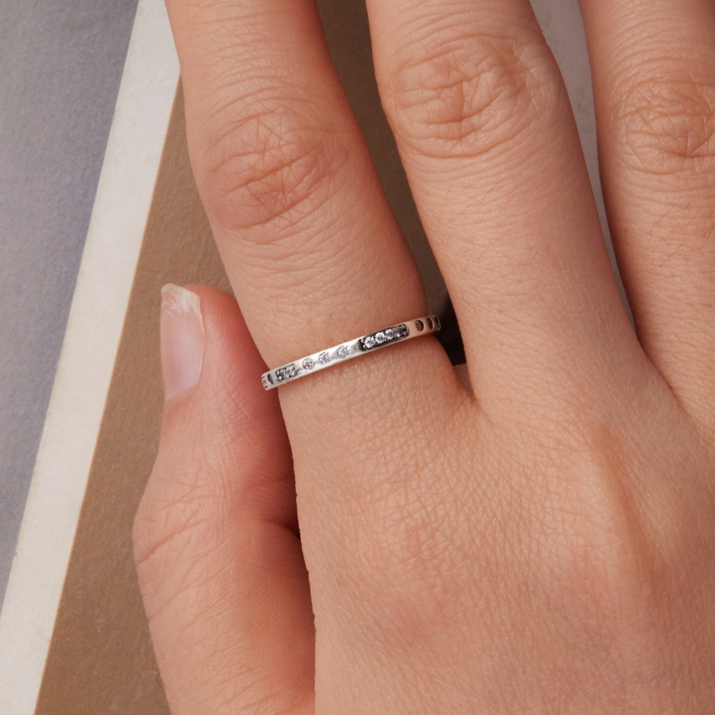 925 Sterling Silver Oxidized 0.18cm Wide Pavé Setting CZ Ring for Women - Size 6.0