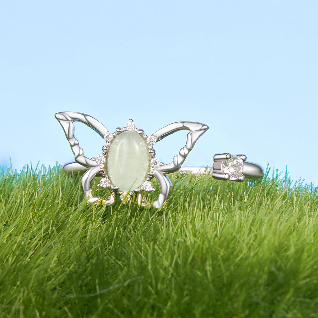 925 Sterling Silver & Natural Jade Pavé Setting Ring for Women