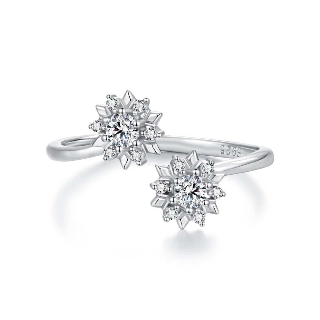 925 Sterling Silver Snowflake Ring with Pavé CZ in White Gold for Women