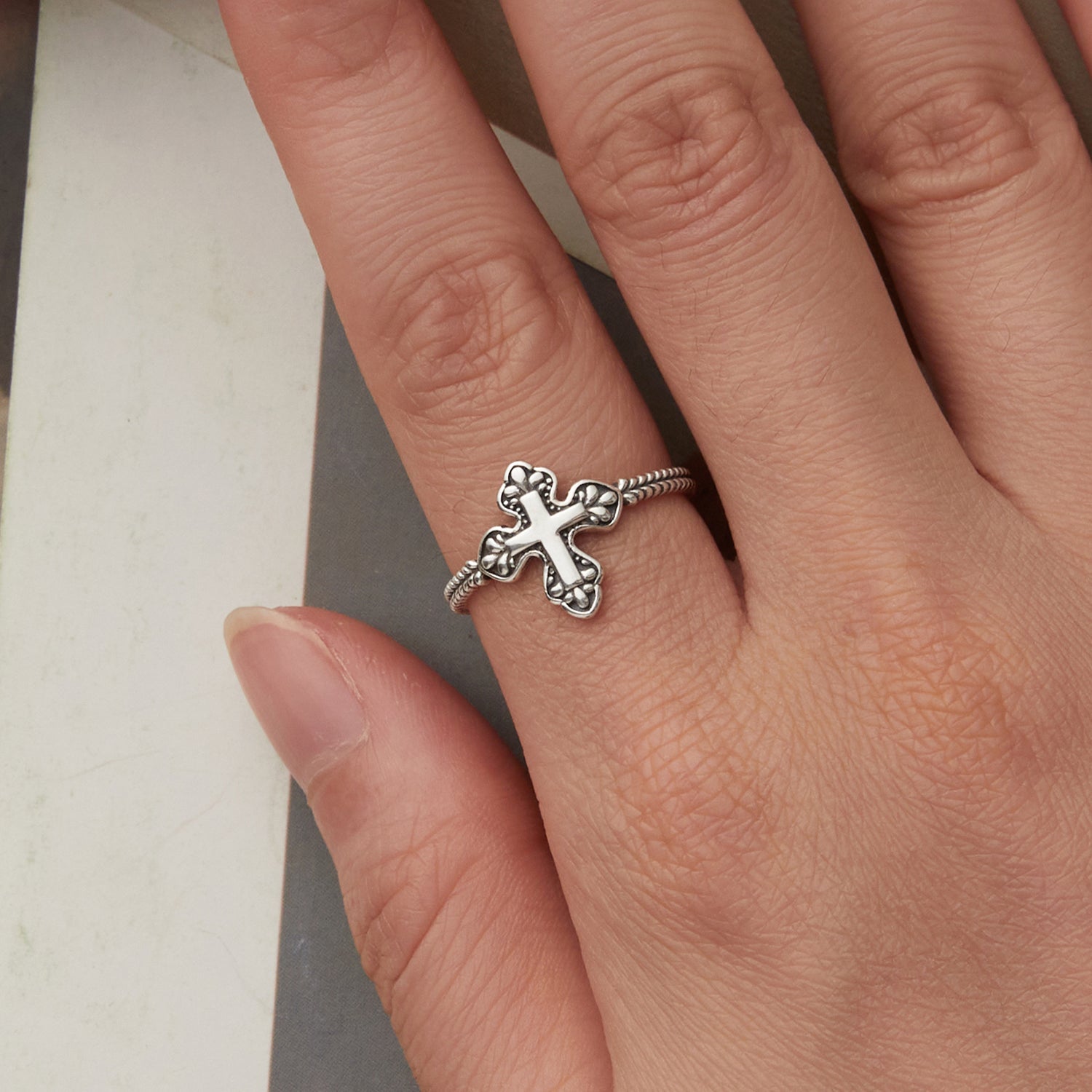 925 Sterling Silver Oxidized Silver 0.18cm Crucifix Adjustable Ring for Women