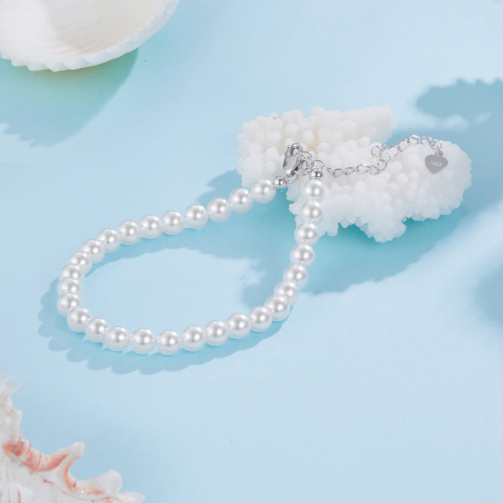 925 Sterling Silver Adjustable White Gold Plated Bracelet with Synthetic Pearl for Women