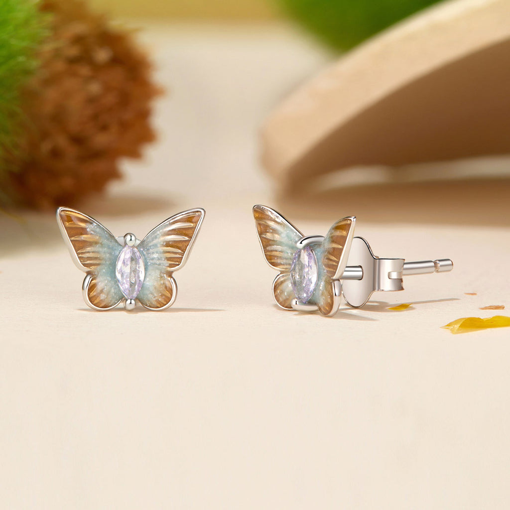 925 Sterling Silver Earrings with Enamel and Pavé Set CZ, 7x10mm, White Gold Plated for Women