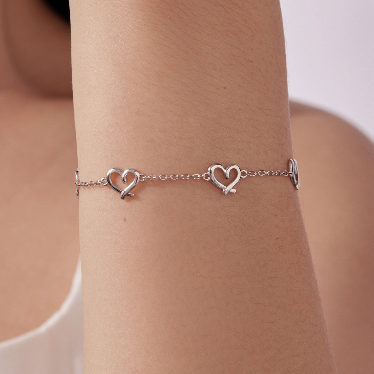 925 Sterling Silver 15+6cm 0.8cm Heart White Gold Plated Bracelet for Women