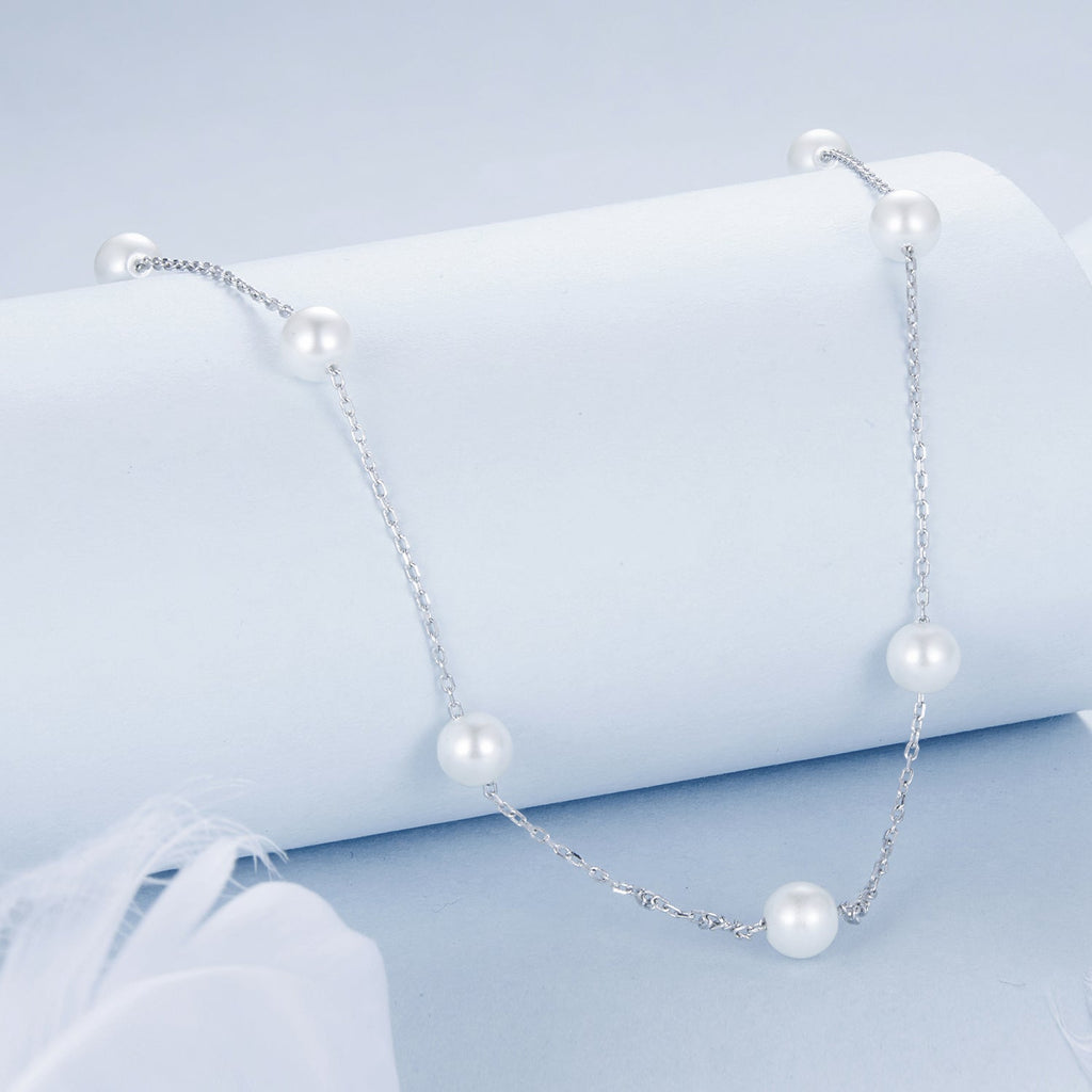 925 Sterling Silver White Gold Plated Necklace with Shell Pearl 400+50mm
