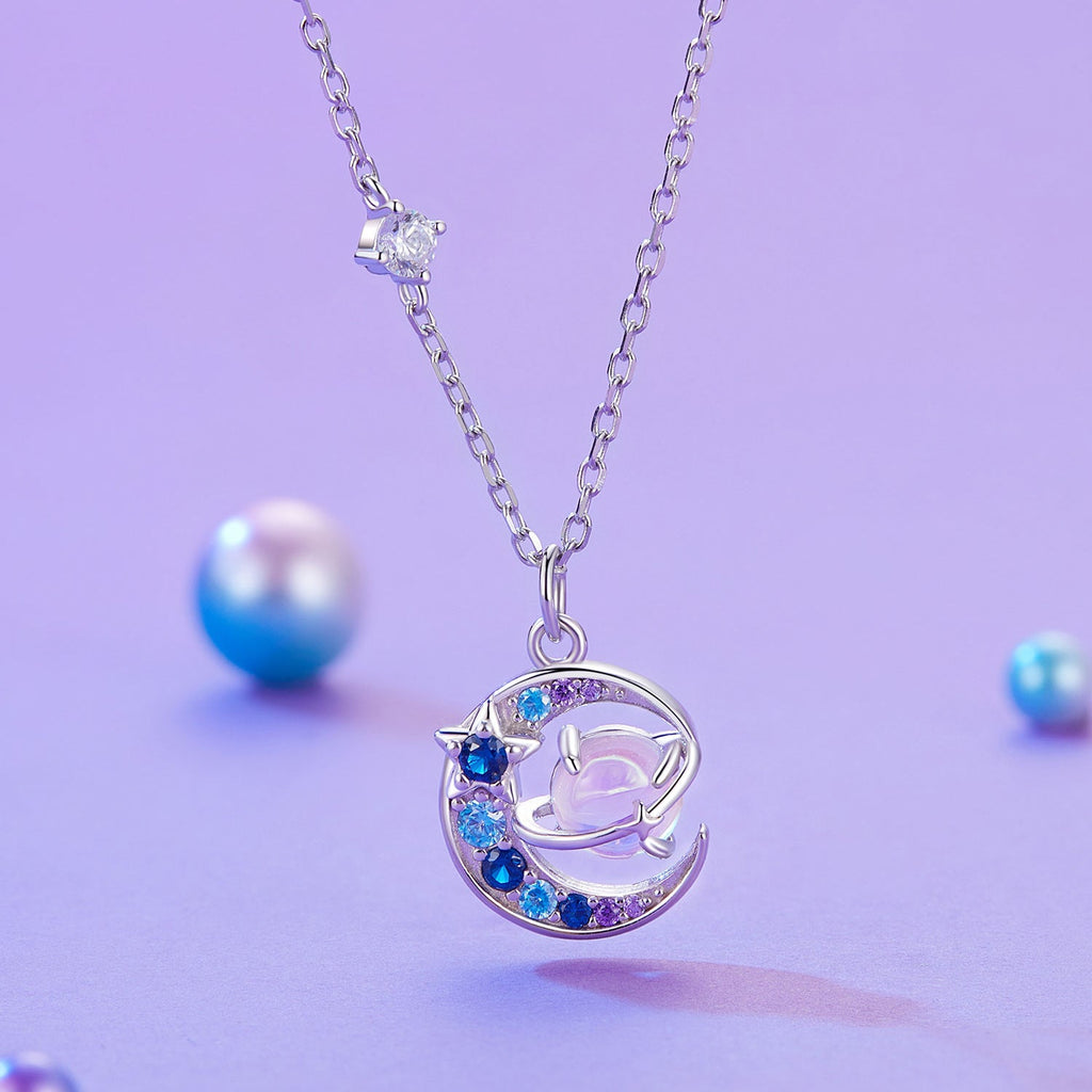 925 Sterling Silver Necklace with Pavé CZ & Transparent Glass Pendant for Women