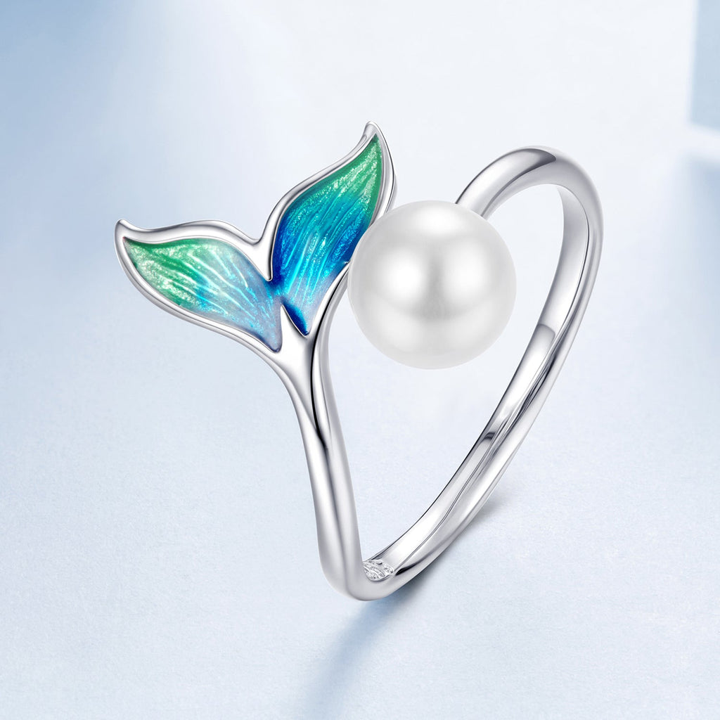 925 Sterling Silver Enamel White Gold Plated Fishtail Ring with Quality Shell Pearl for Women
