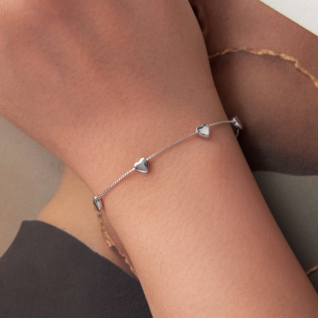 925 Sterling Silver Plated White Gold 17+3.5cm Heart-Shaped Bracelet for Women