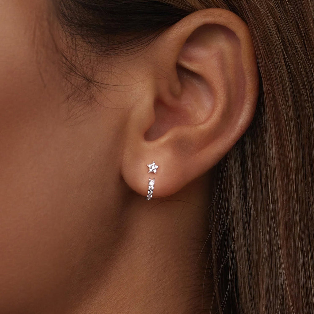 925 Sterling Silver CZ Earrings with White Gold Plating, 1.4x0.5cm for Women